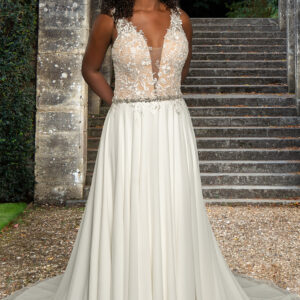 Aria wedding gown, lace V-neck bodice with chiffon A-line skirt, front view