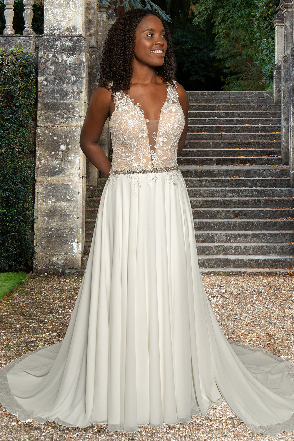 Aria wedding gown, lace V-neck bodice with chiffon A-line skirt, front view