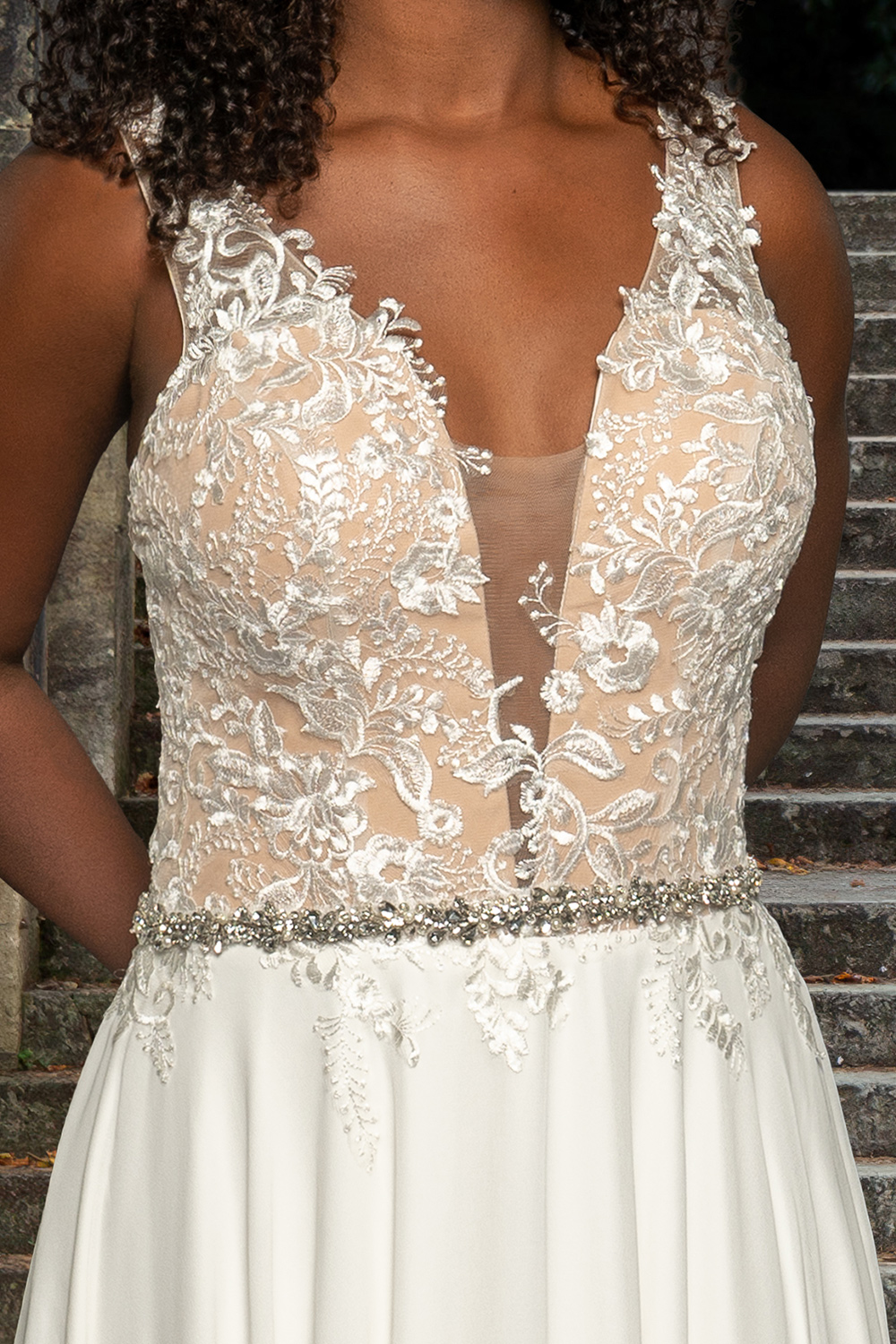 Aria wedding gown bodice detail, lace and beaded waistband