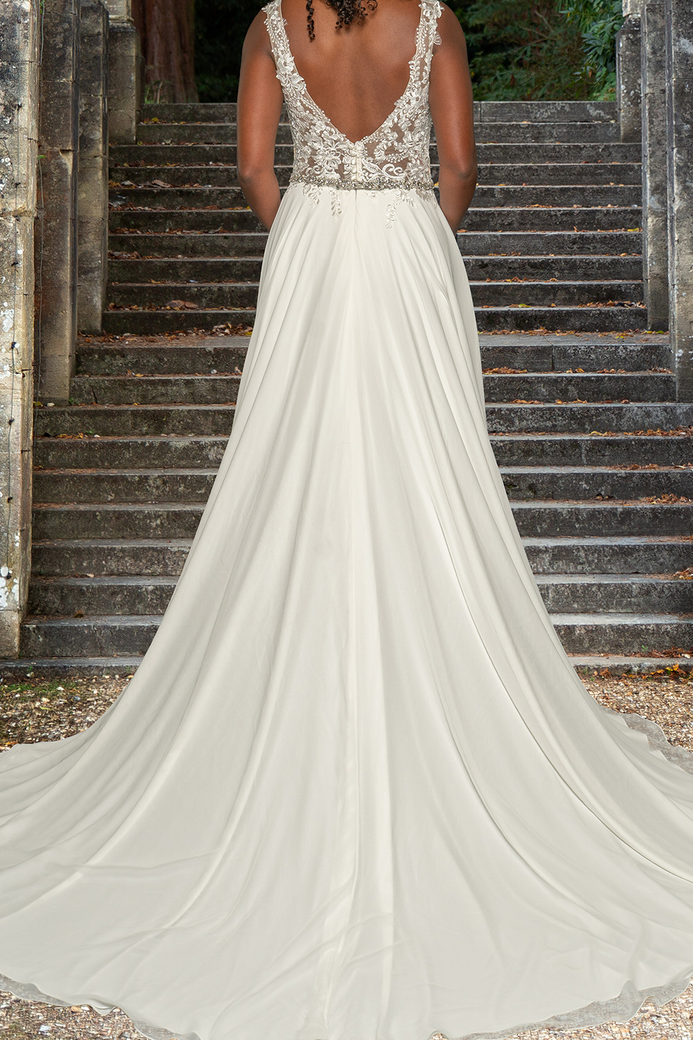 Aria wedding gown, low V-back with lace straps, back view