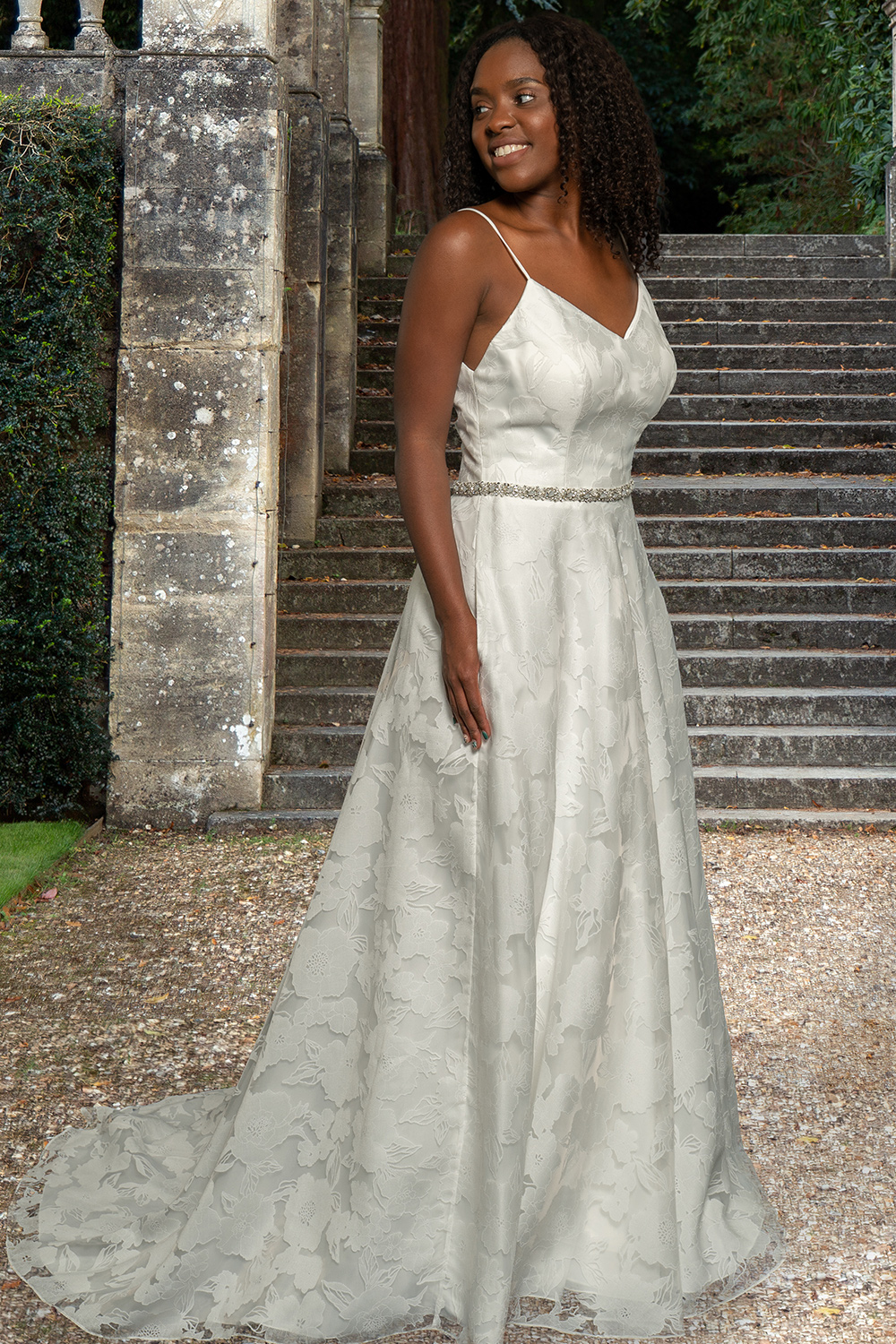 Eva wedding gown, V-neck floral jacquard bodice with A-line skirt, front view